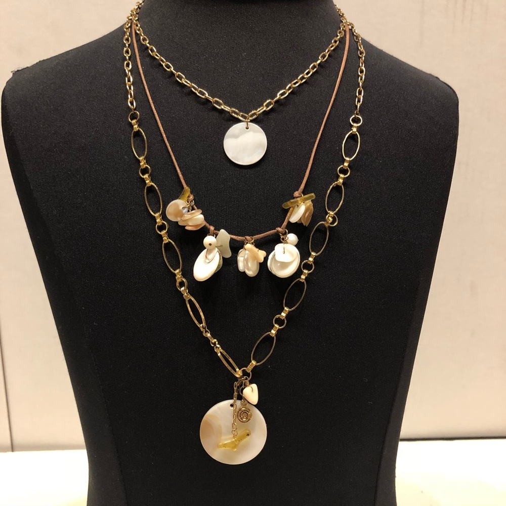 Three 3 Chain necklace shell beads 16-24” EUC